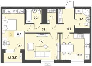2-к квартира, строящийся дом, 57м2, 2/16 этаж