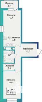 2-к квартира, строящийся дом, 50м2, 8/16 этаж