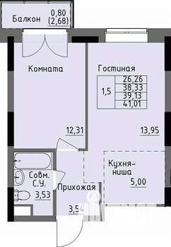 1-к квартира, строящийся дом, 39м2, 8/17 этаж