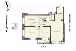 3-к квартира, строящийся дом, 72м2, 2/17 этаж