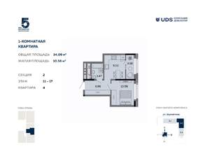 1-к квартира, вторичка, 34м2, 12/17 этаж