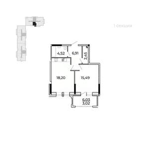 1-к квартира, строящийся дом, 54м2, 6/17 этаж