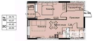 2-к квартира, строящийся дом, 44м2, 15/17 этаж