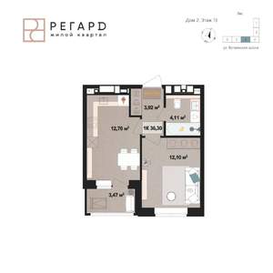 1-к квартира, строящийся дом, 36м2, 13/17 этаж