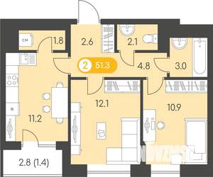 2-к квартира, строящийся дом, 51м2, 8/10 этаж