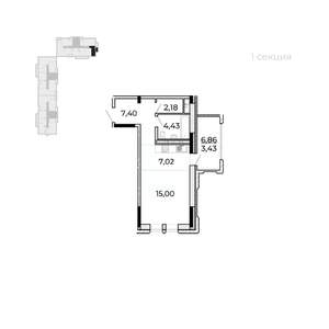 Студия квартира, строящийся дом, 43м2, 15/17 этаж