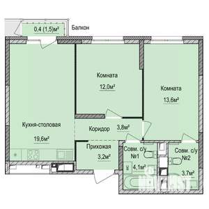 2-к квартира, строящийся дом, 60м2, 8/17 этаж