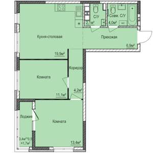 2-к квартира, строящийся дом, 63м2, 12/17 этаж