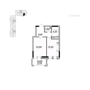 1-к квартира, строящийся дом, 47м2, 15/17 этаж
