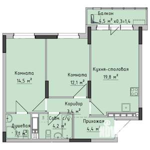 2-к квартира, строящийся дом, 63м2, 4/17 этаж