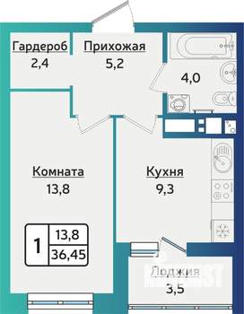 1-к квартира, строящийся дом, 37м2, 13/16 этаж