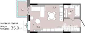 Студия квартира, строящийся дом, 35м2, 4/15 этаж
