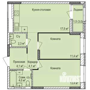 2-к квартира, строящийся дом, 58м2, 7/17 этаж