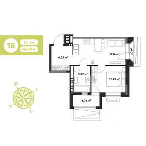 1-к квартира, строящийся дом, 45м2, 2/17 этаж