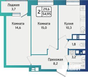 2-к квартира, строящийся дом, 55м2, 2/16 этаж