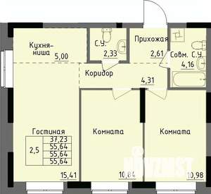 2-к квартира, строящийся дом, 56м2, 1/17 этаж