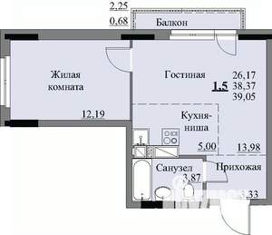 1-к квартира, строящийся дом, 41м2, 15/17 этаж