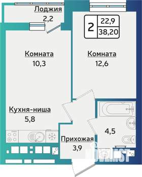 2-к квартира, строящийся дом, 38м2, 14/16 этаж