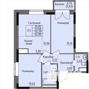2-к квартира, строящийся дом, 54м2, 15/17 этаж