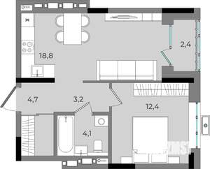 1-к квартира, вторичка, 46м2, 9/16 этаж