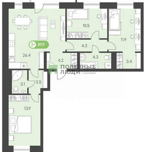 3-к квартира, сданный дом, 90м2, 7/9 этаж