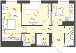 2-к квартира, строящийся дом, 57м2, 2/16 этаж