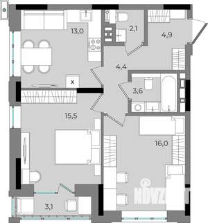 2-к квартира, вторичка, 63м2, 13/16 этаж
