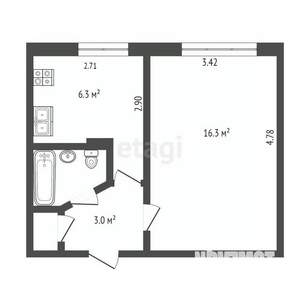 1-к квартира, вторичка, 28м2, 1/9 этаж