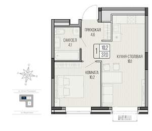 1-к квартира, вторичка, 37м2, 2/9 этаж