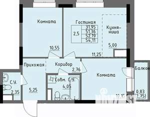 2-к квартира, строящийся дом, 52м2, 2/17 этаж