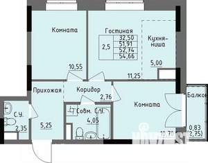 2-к квартира, строящийся дом, 53м2, 8/17 этаж