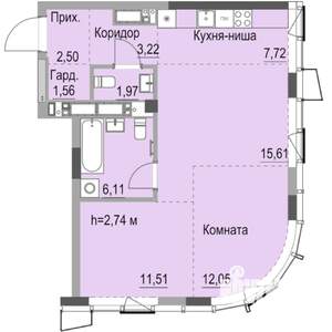 Студия квартира, строящийся дом, 65м2, 15/23 этаж
