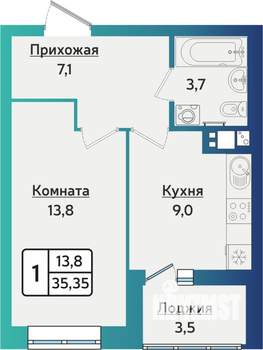 1-к квартира, строящийся дом, 35м2, 4/16 этаж