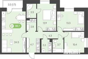3-к квартира, строящийся дом, 89м2, 2/9 этаж