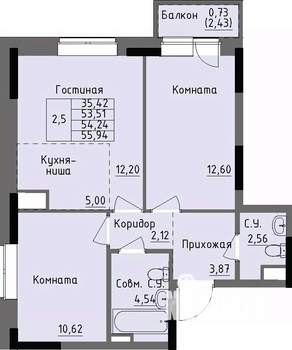 2-к квартира, строящийся дом, 54м2, 3/17 этаж