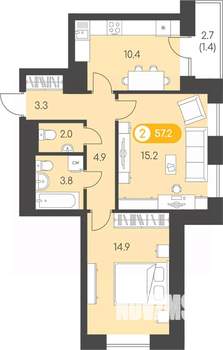2-к квартира, вторичка, 57м2, 23/24 этаж