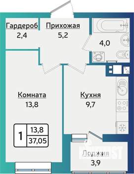 1-к квартира, строящийся дом, 37м2, 1/16 этаж
