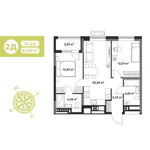 2-к квартира, строящийся дом, 63м2, 16/17 этаж