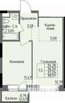 1-к квартира, строящийся дом, 37м2, 2/17 этаж