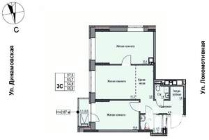 3-к квартира, строящийся дом, 55м2, 14/17 этаж