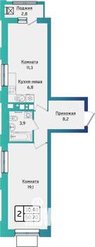 2-к квартира, строящийся дом, 51м2, 12/17 этаж