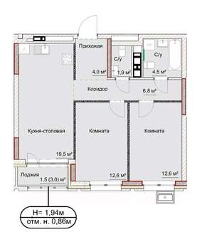 3-к квартира, сданный дом, 65м2, 3/17 этаж