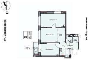 3-к квартира, строящийся дом, 55м2, 7/17 этаж