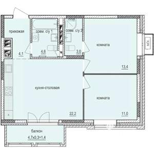 2-к квартира, строящийся дом, 60м2, 6/14 этаж