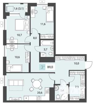 3-к квартира, строящийся дом, 89м2, 7/16 этаж