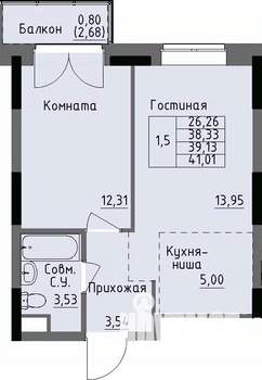 1-к квартира, строящийся дом, 39м2, 4/17 этаж