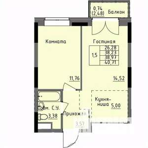 1-к квартира, строящийся дом, 39м2, 16/17 этаж