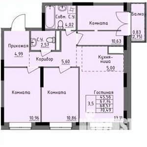 3-к квартира, строящийся дом, 69м2, 15/17 этаж