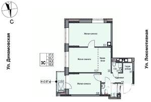 3-к квартира, строящийся дом, 55м2, 12/17 этаж