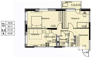3-к квартира, строящийся дом, 61м2, 11/17 этаж
